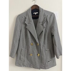 Cabi Admiral Knit Blazer Navy White Striped Gold Button Nautical Jacket 823 L